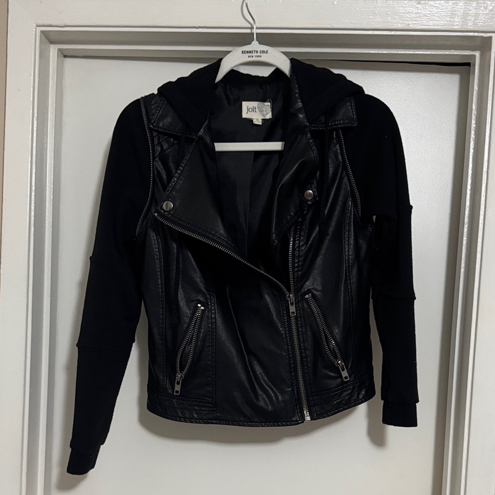 Jolt Women's Black Leather Jacket with Hoodie